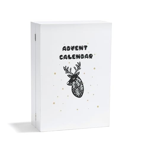 Wooden Advent Calendar with Drawers, 12 Inch Reusable Advent Calendar with Lights, White Wood, Battery Operated, Empty Boxes to Fill, Decorative Fold LampLust