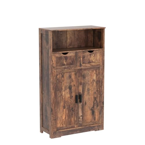 Iwell Storage Cabinet with 2 Drawers & Adjustable Shelves, Farmhouse Kitchen Storage Cabinet with Door, Cupboard, Floor Cabinet for Living Room, Iwell