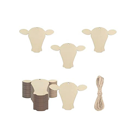30pcs Mini Cow Head Wood DIY Crafts Cutouts Wooden Little Cow Head Shaped Hanging Ornaments with Hole Hemp Ropes Gift Tags for Baby Shower Wedding Creaides