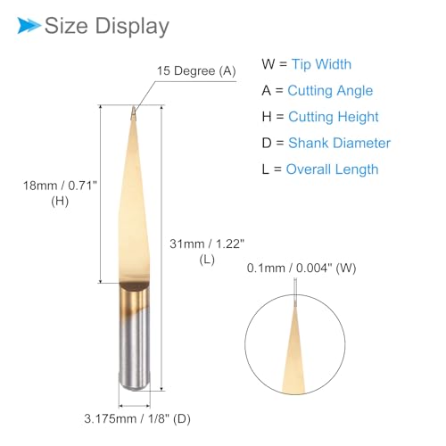 CoCud Engraving CNC Router Bits, 0.1mm (0.004") Tip Width 15 Degree Angle 1/8" Shank Ti-Coated Carbide V Groove Carving Bits - (Applications: for CoCud