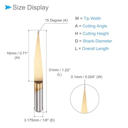 CoCud Engraving CNC Router Bits, 0.1mm (0.004") Tip Width 15 Degree Angle 1/8" Shank Ti-Coated Carbide V Groove Carving Bits - (Applications: for - WoodArtSupply