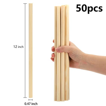 ZENFUN 50 Packs Wooden Dowel Rods, 12'' H x 1/2'' Dia Unfinished Wood Sticks for Crafts, Solid Hardwood Sticks for Crafting, DIY, Macrame