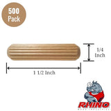 500 Pack 1/4" x 1 1/2" Wooden Dowel Pins Wood Kiln Dried Fluted and Beveled, Made of Hardwood Rhino Wood Industries