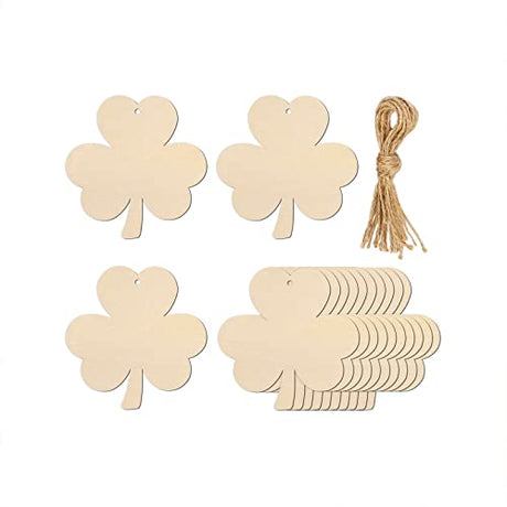 20pcs Shamrock Wood Cutouts DIY Craft Embellishments Clover Unfinished Wood Gift Tags Ornaments for St. Patrick's Irish Party Decoration JANOU