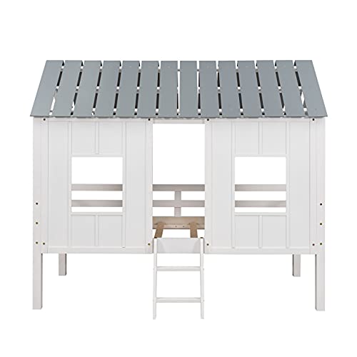 Merax Twin Size Low Loft Wooden House Bed with Roof and Windows in White and Grey Merax