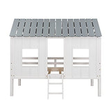 Merax Twin Size Low Loft Wooden House Bed with Roof and Windows in White and Grey Merax