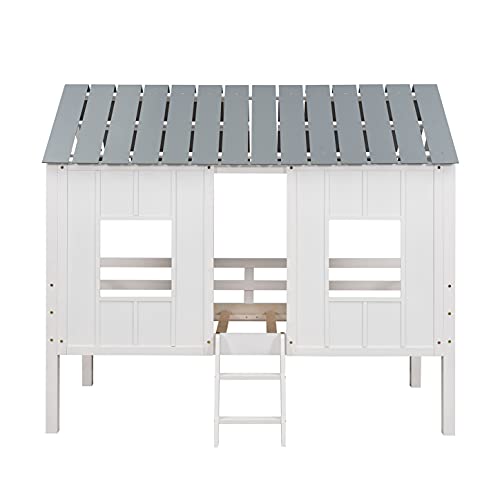 Merax Twin Size Low Loft Wooden House Bed with Roof and Windows in White and Grey - WoodArtSupply