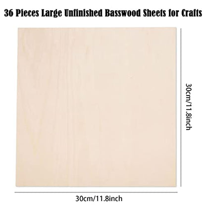 36 Pack Basswood Sheets for Crafts-12 x 12 x 1/8 Inch- 3mm Thick Plywood Sheets with Smooth Surfaces-Unfinished Squares Wood Boards for Laser