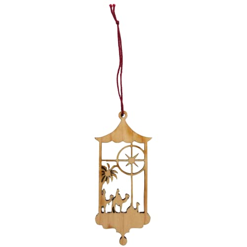 Brown Unfinished Wooden Lantern Holiday Ornament with Red String, Wood Three Wise Men Christmas Story Scene, Religious Ornaments for Tree or Gifts, Needzo