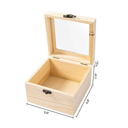 Useekoo Wooden Box with Hinged Lid, 5.9'' x 5.9'' x 3.9'' Unfinished Wood Keepsake Storage Box with glass lid, Wooden Jewelry Box for Gift and Home