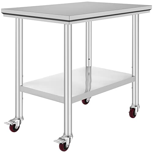 Mophorn Stainless Steel Work Table 36x24 Inch with 4 Wheels, Casters Heavy Duty Food Prep Worktable for Commercial Kitchen Restaurant Vevor