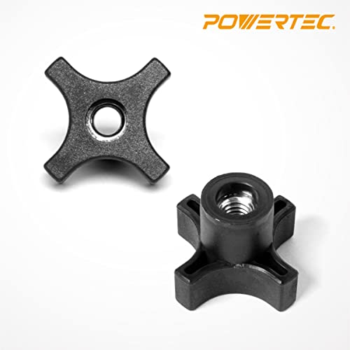 POWERTEC 5/16"-18 4 Point Knobs 10PK, Clamping Knobs with Steel Insert for T Track Bolts, Thumb Screw Threaded Knobs for T Track Accessories, Feather POWERTEC