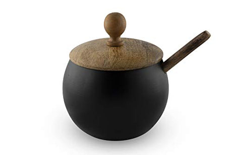 GoCraft Sugar Bowl with Wooden Lid and Spoon for Home and Kitchen, Drum Shape (Matte Black Finish) GoCraft