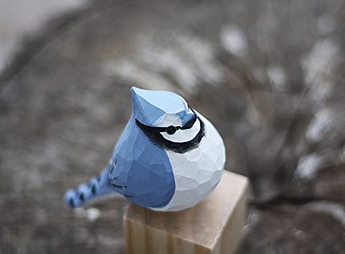 Hand Carved Wooden Bluejay Bird Figurine Wood Bird Statue Bird Scuplture for Shelf Decor - WoodArtSupply