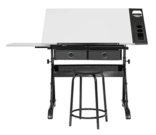 SD STUDIO DESIGNS Core 2 Pc Craft Center-35.5" W Angle Adjustable Cloth Drawers, Side Shelf and Stool Drafting Table, Gunmetal Gray/White SD STUDIO DESIGNS