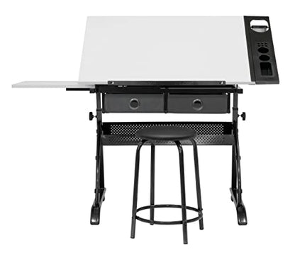 SD STUDIO DESIGNS Core 2 Pc Craft Center-35.5" W Angle Adjustable Cloth Drawers, Side Shelf and Stool Drafting Table, Gunmetal Gray/White - WoodArtSupply