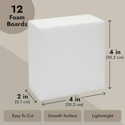 Juvale 12 Pack Foam Blocks for Crafts, Polystyrene Brick Rectangles for Floral Arrangements, Art Supplies, Holiday Decor (4 x 4 x 2 in, White)
