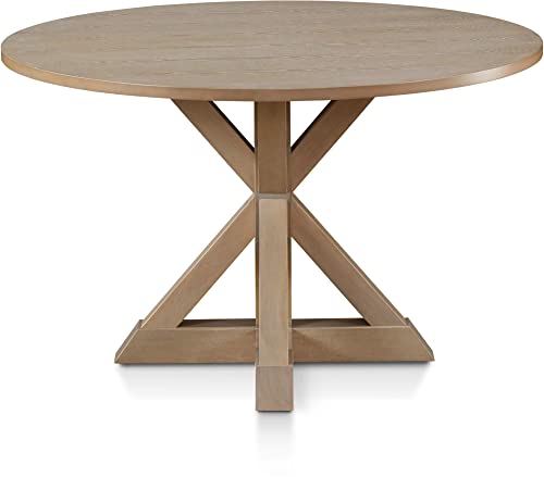 Finch Alfred Round Solid Wood Rustic Dining Table for Farmhouse Kitchen Room Decor, Wooden Trestle Pedestal Base, 46.5" Wide Circular Tabletop, - WoodArtSupply