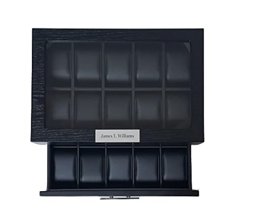 TIMELYBUYS 20 Black Ebony Wood Personalized Watch Extra Height Box Display Case 2 Level Storage Jewelry Organizer with Glass Top, Stainless Steel TIMELYBUYS
