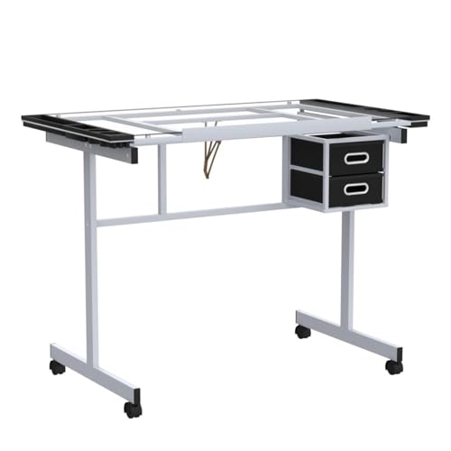 JupiterForce Adjustable Drafting Table Art Desk Drawing Table Versatile Art Craft Work Station Glass Tabletop w/2 Slide Drawers and Wheels for JupiterForce