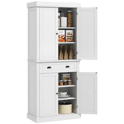 HOMCOM 72" Freestanding Kitchen Pantry Cabinet, Tall Storage Cabinet with 2 Door Cabinets, Drawer and Adjustable Shelves, White Wood Grain