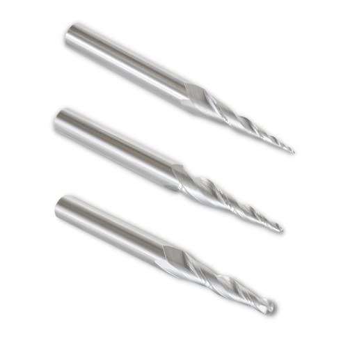 ROUTYBITS - 3 Pcs Tapered Ball Nose Router Bit Set - 1/32”, 1/16”, 1/8” Tip Diameter, 1/4 Inch Dia Shank, Solid Carbide, Spiral End Mills for 3D CNC RoutyBits