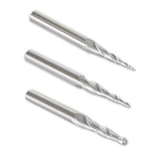 ROUTYBITS - 3 Pcs Tapered Ball Nose Router Bit Set - 1/32”, 1/16”, 1/8” Tip Diameter, 1/4 Inch Dia Shank, Solid Carbide, Spiral End Mills for 3D CNC RoutyBits