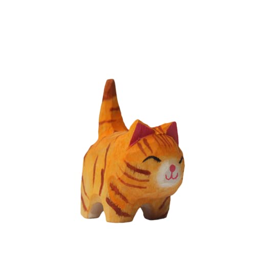 Wooden Cat Figurine - Small 1.85", Hand-Made, Carving, Decoration, Decoy, Small Animals, Cat Lover (Orange Cat) - WoodArtSupply