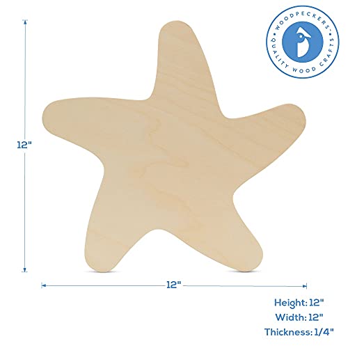 Unfinished Wooden Starfish Cutout, 12", Pack of 1 Wooden Shapes for Crafts, Use for Summer, Beach & Nautical Decor and Crafting, by Woodpeckers Woodpeckers