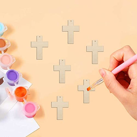 30pcs Mini Cross Wood DIY Crafts Cutouts 2" Wooden Cross Shaped Hanging Ornaments with Jute Twines Gift Tags for Easter Halloween Holiday Party Creaides