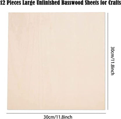 12 Pack 12 x 12 x 1/8 Inch- 3mm Thick Basswood Plywood Sheets Unfinished Basswood Sheets Blank Squares Wood Sheets Boards for Laser Cutting, Wood