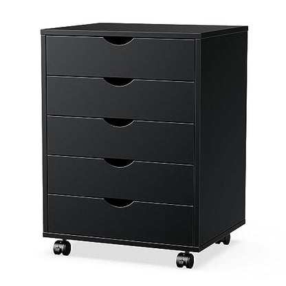 OLIXIS 5 Drawer Chest Wood File Cabinet Rolling Storage Dresser with Wheels for Home Office, Black - WoodArtSupply