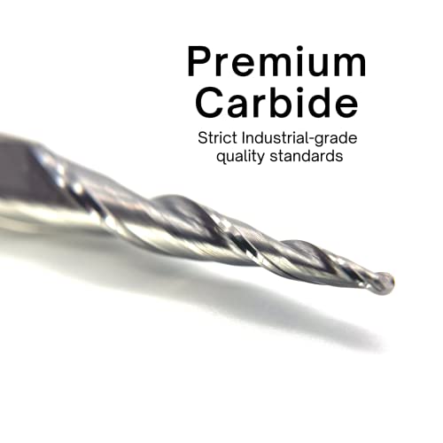 ROUTYBITS - 3 Pcs Tapered Ball Nose Router Bit Set - 1/32”, 1/16”, 1/8” Tip Diameter, 1/4 Inch Dia Shank, Solid Carbide, Spiral End Mills for 3D CNC RoutyBits