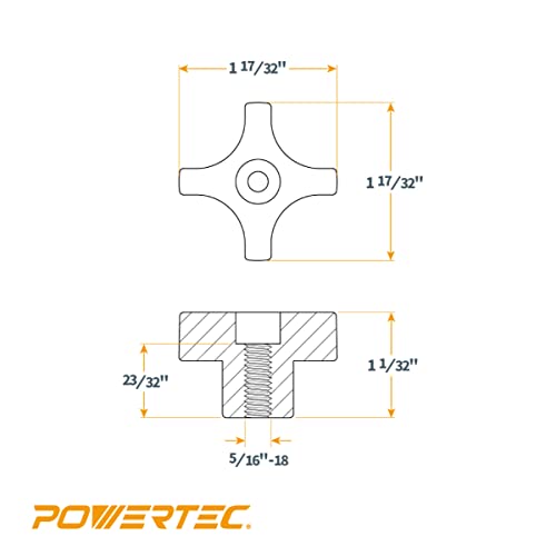 POWERTEC 5/16"-18 4 Point Knobs 10PK, Clamping Knobs with Steel Insert for T Track Bolts, Thumb Screw Threaded Knobs for T Track Accessories, Feather POWERTEC