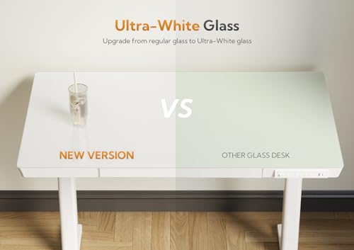 Claiks Glass Standing Desk with Drawers, 48×24 Inch Adjustable Stand Up Desk, Quick Install Home Office Computer Desk with USB Ports, White Claiks