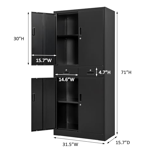 Metal Storage Cabinet，71" Garage Storage Cabinet with 2 Locking Drawer and 4 Adjustable Shelves ，Black Tool Cabinet，Lockable File Steel Cabinet for TaskStorz