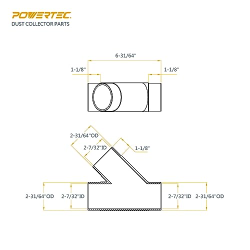 POWERTEC 70228 2-1/2 Inch Y-Fitting Dust Collection Hose Connector, Clear Color POWERTEC