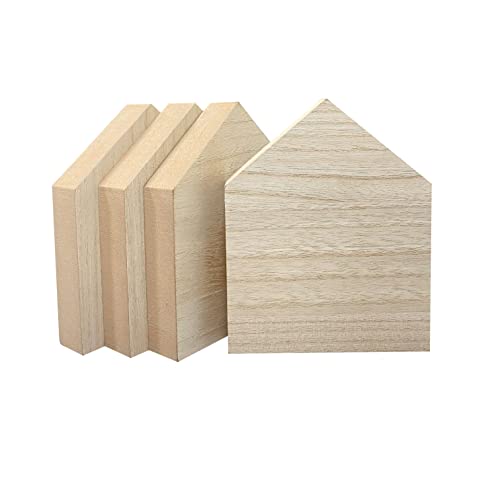 6 Inch 4 Pieces Unfinished Wooden House Shaped Blocks for Crafts Blank Wood House Freestanding Mother's Day Memorial Sign，1 Inch Thick MDF