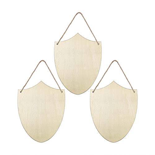 Creaides 3pcs Shield Wood Sign Cutout Blank Wooden Badge Shaped Hanging Ornaments with Twines for DIY Crafts Home Door Wall Art Decoration, 6.2 x 7.9