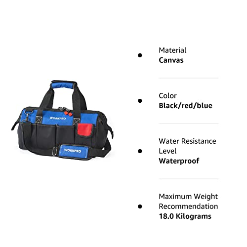 WORKPRO 18-inch Close Top Wide Mouth Storage Tool Bag with Adjustable Shoulder Strap, Sturdy Bottom WORKPRO