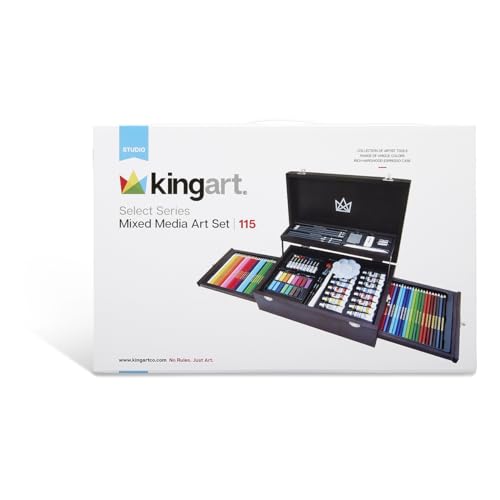 KINGART Mixed Media Art Set, 2-Drawer Wooden Case, Pencils, Pastels, Paints, Brushes, Erasers, Sharpener, Palette Knife, Palette, Painting, Drawing, KINGART