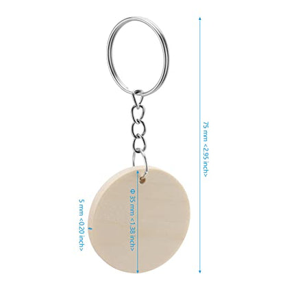 SEHOI 100 PCS 1.38 Inches Natural Wood Slices, Wooden Keychain Set, Predrilled Wood Keychain Blank Unfinished Discs with Key Rings, Twine, Round