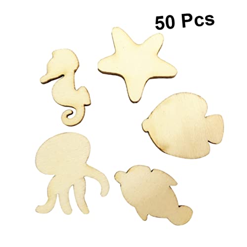 NOLITOY 50pcs Pieces Unfinished Wood Beach Wood Cutouts Ocean Animals Shapes Seahorse Cutout Shapes Wooden Sea Life Slices Mini Scrapbook Wooden NOLITOY