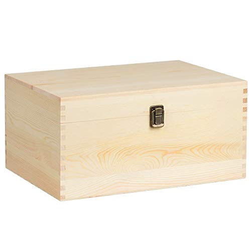 Kingcraft Extra Large Rectangle Unfinished Pine Wood Box Natural DIY Craft with Hinged Lid and Front Clasp for Arts Hobbies and Home