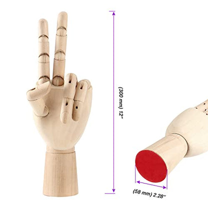 JOIKIT 2 Pack 12 Inches Wood Art Mannequin Hand, Left and Right Wooden Manikin Hand, Wooden Artist Hand Model with Flexible Moveable Fingers for