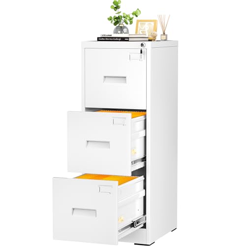 INTERGREAT 3 Drawers File Cabinet with Lock, 18" D Vertical Filing Cabinet for Home Office, Metal White File Cabinet for Hanging Letter/F4/A4/Legal - WoodArtSupply