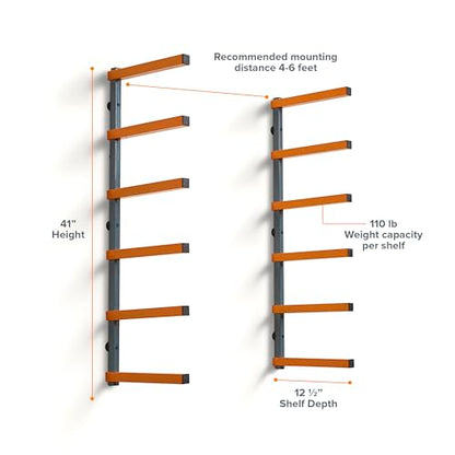 Bora Wood Organizer and Lumber Storage Metal Rack with 6-Level Wall Mount – Indoor and Outdoor Use, In Orange | PBR-001 - WoodArtSupply