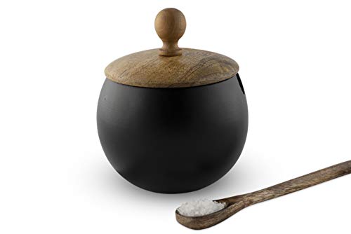 GoCraft Sugar Bowl with Wooden Lid and Spoon for Home and Kitchen, Drum Shape (Matte Black Finish) - WoodArtSupply