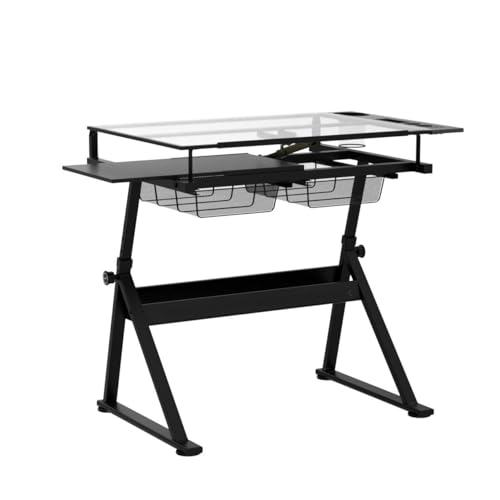 LifeSky Adjustable Glass Drafting Table - Height Adjustable Temped Glass Artists Drawing Table with Storage - Art Craft Desk Workstation for Adults LIFE SKY