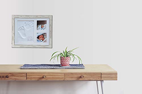 Farmhouse Baby Handprint & Footprint Picture Frame Kit - Rustic 9" x 11" Distressed Wood Photo Frame & Clay Keepsake for Newborns. Bonus Stencil for Baby Mushroom